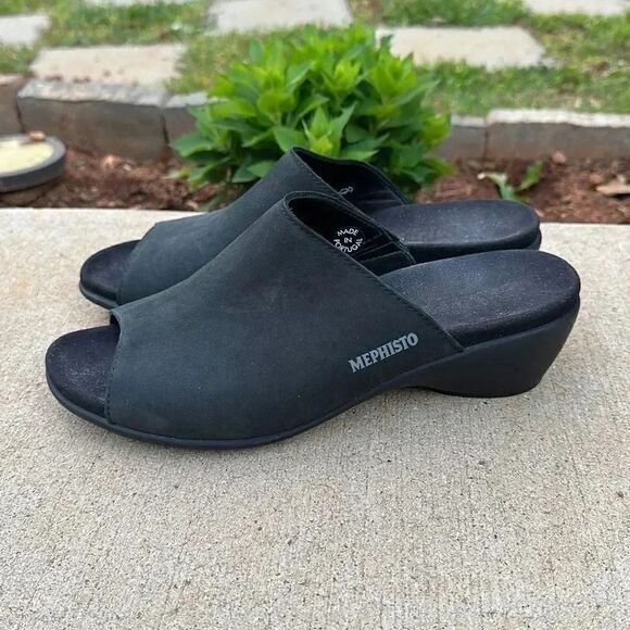 Mephisto Nubuck Leather Peep Toe Slide Wedge Shoes - Picture 1 of 14